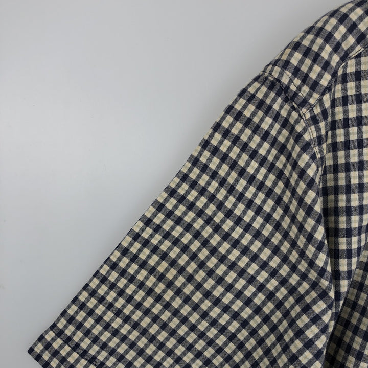 Eddie Bauer short sleeve button down check shirt, men's size M cotton navy blue type Vintage Second Hand