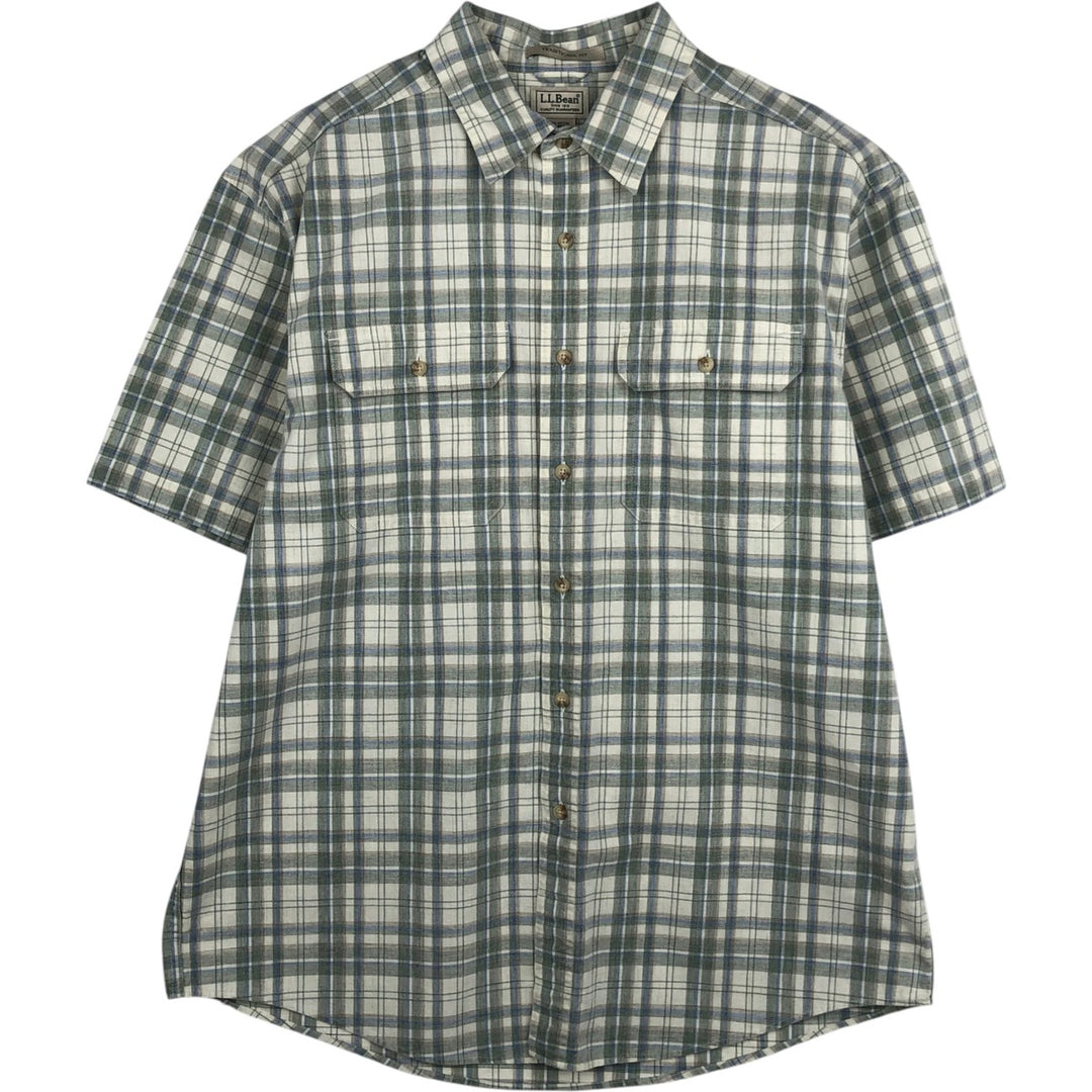 90s-00'S LLBean Short-Sleeve Cotton Check Shirt, Men's Size L (approx.), Vintage cotton Khaki type sage green Vintage Second Hand
