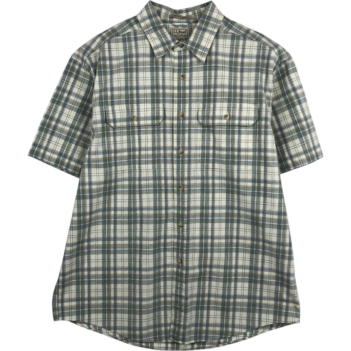 90s-00'S LLBean Short-Sleeve Cotton Check Shirt, Men's Size L (approx.), Vintage cotton Khaki type sage green Vintage Second Hand