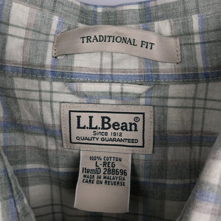 90s-00'S LLBean Short-Sleeve Cotton Check Shirt, Men's Size L (approx.), Vintage cotton Khaki type sage green Vintage Second Hand