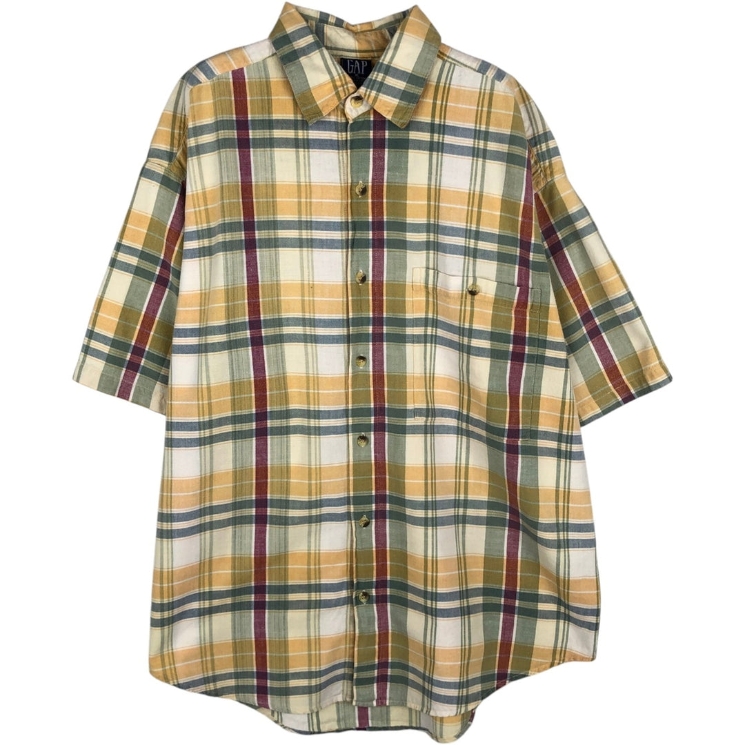 90'S GAP (Old Gap) Short-Sleeve Button-Down Check Shirt, Made in USA, Men's Size XL (Equivalent), Vintage cotton Beige type Vintage Second Hand