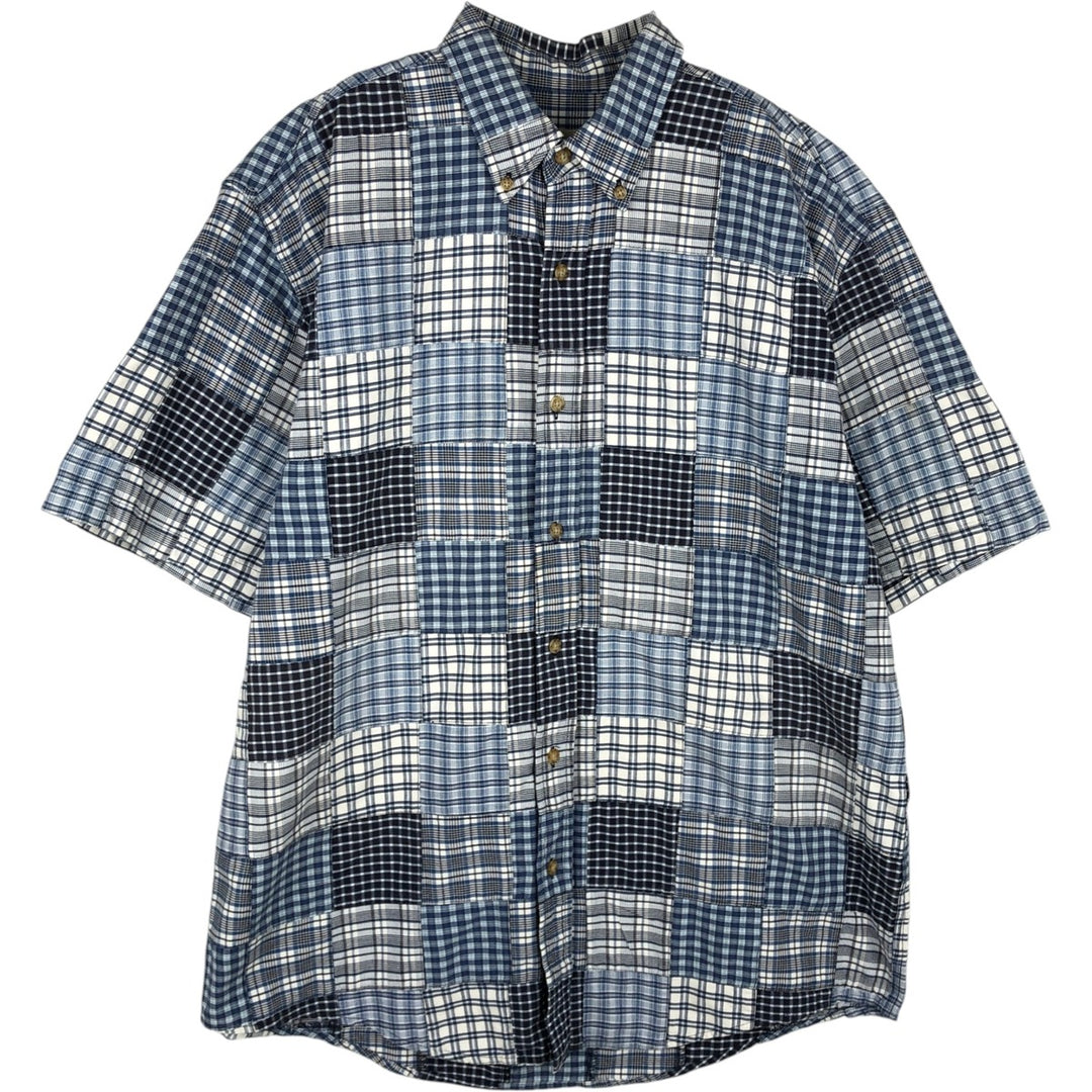 00'S Eddie Bauer short sleeve button down check shirt, men's size M cotton navy blue type Vintage Second Hand