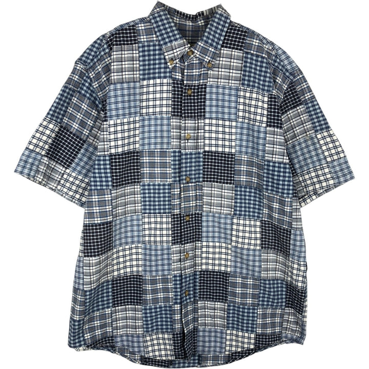 00'S Eddie Bauer short sleeve button down check shirt, men's size M cotton navy blue type Vintage Second Hand