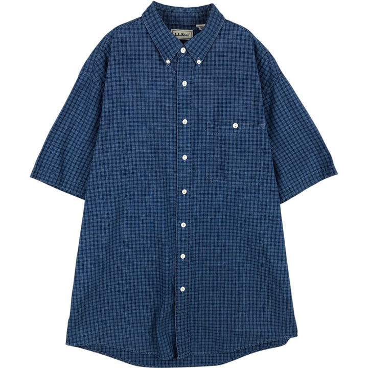 Vintage 70s-80'S L.L.Bean short-sleeved button-down check shirt, men's size L (approx.). cotton navy blue type Vintage Second Hand