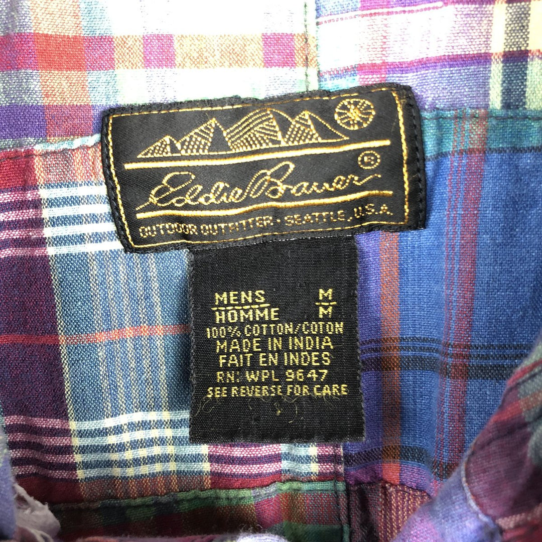 80s-90'S Eddie Bauer Black Tag Short-Sleeve Button-Down Check Shirt, Men's Size M (Equivalent), Vintage cotton blue type Vintage Second Hand