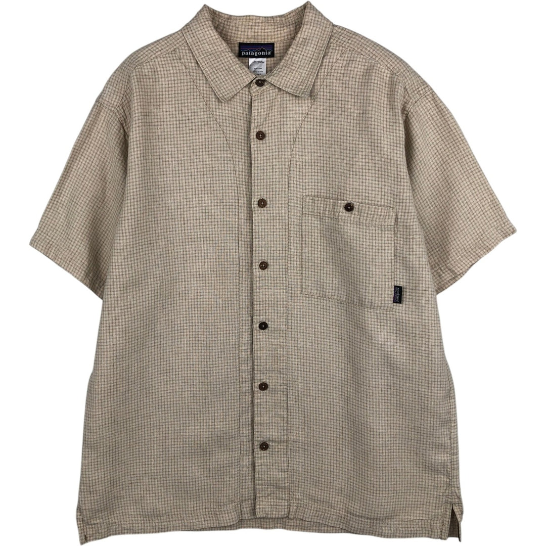 2000'S Patagonia 53135S8 Check Pattern Short-Sleeve Hemp Shirt, Men's Size L (approx.) Hemp Beige type Vintage Second Hand
