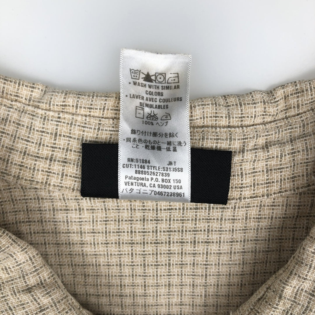 2000'S Patagonia 53135S8 Check Pattern Short-Sleeve Hemp Shirt, Men's Size L (approx.) Hemp Beige type Vintage Second Hand