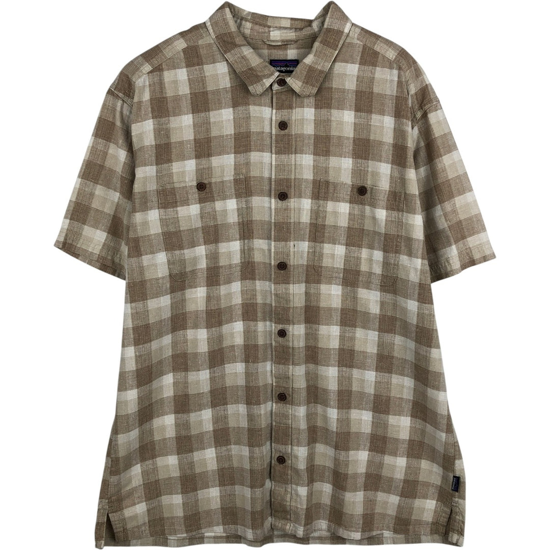 Patagonia 53138SP14 Check Pattern Short Sleeve Hemp x Organic Cotton Shirt, Men's XL (approx.) Organic cotton Beige type Vintage Second Hand