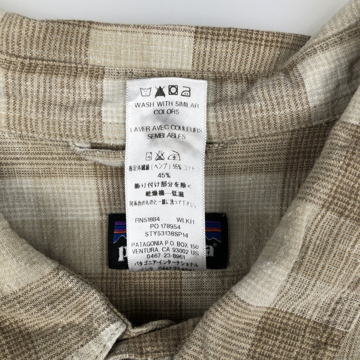 Patagonia 53138SP14 Check Pattern Short Sleeve Hemp x Organic Cotton Shirt, Men's XL (approx.) Organic cotton Beige type Vintage Second Hand
