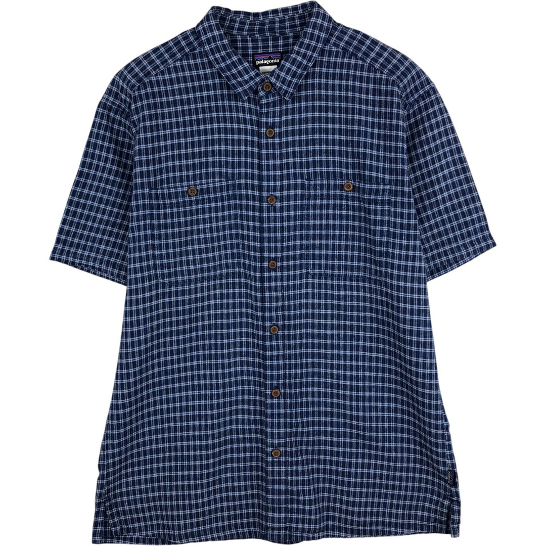 Patagonia 53138SP14 Check Pattern Short Sleeve Hemp x Organic Cotton Shirt, Men's Size L (approx.) Hemp blue type Vintage Second Hand