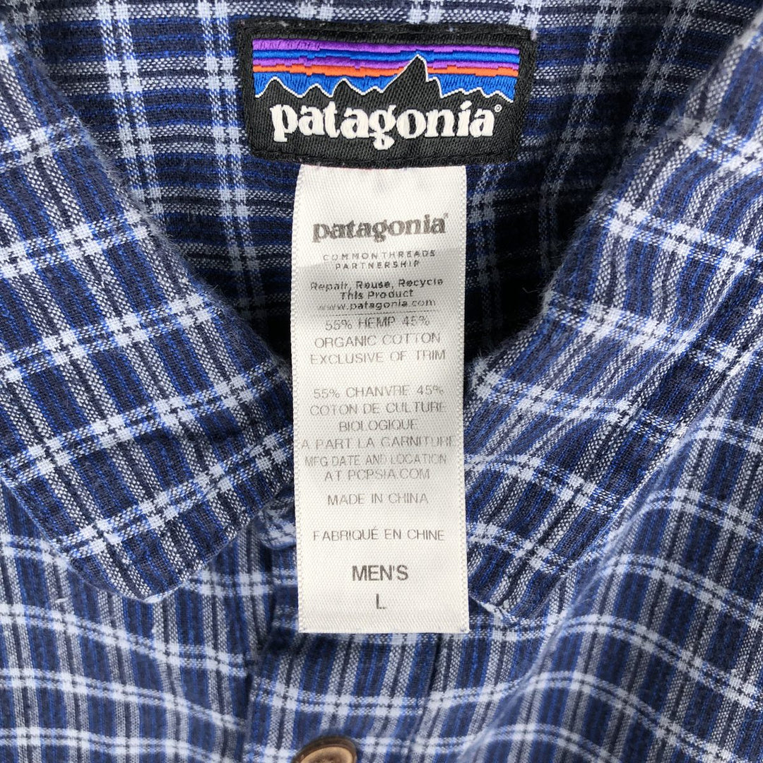 Patagonia 53138SP14 Check Pattern Short Sleeve Hemp x Organic Cotton Shirt, Men's Size L (approx.) Hemp blue type Vintage Second Hand