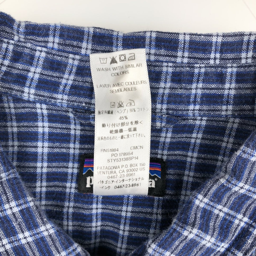 Patagonia 53138SP14 Check Pattern Short Sleeve Hemp x Organic Cotton Shirt, Men's Size L (approx.) Hemp blue type Vintage Second Hand