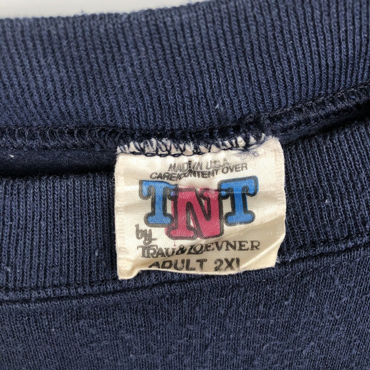 TNT Print College Sweatshirt, Made in USA, Men's XXL equivalent. cotton navy blue type Vintage Second Hand