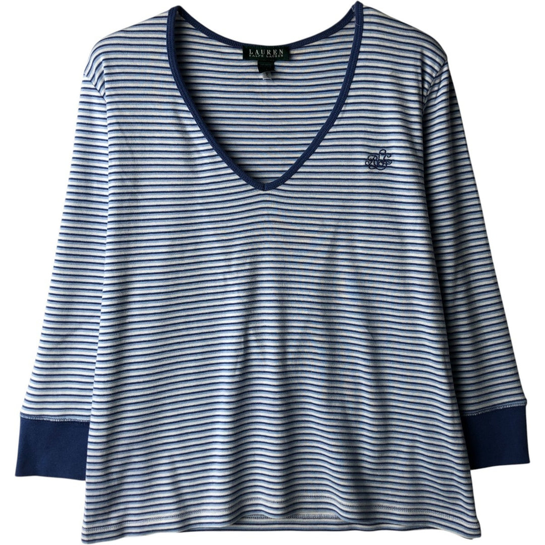 Ralph Lauren LAUREN Striped Pattern 3/4 Sleeve V-Neck Long T-Shirt (Women's Size L) cotton white type Vintage Second Hand