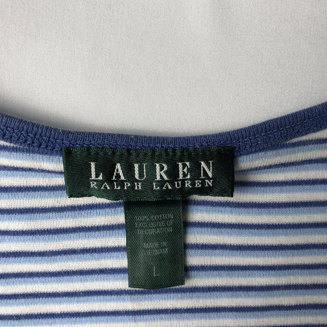 Ralph Lauren LAUREN Striped Pattern 3/4 Sleeve V-Neck Long T-Shirt (Women's Size L) cotton white type Vintage Second Hand