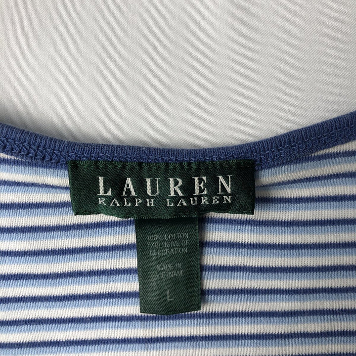 Ralph Lauren LAUREN Striped Pattern 3/4 Sleeve V-Neck Long T-Shirt (Women's Size L) cotton white type Vintage Second Hand