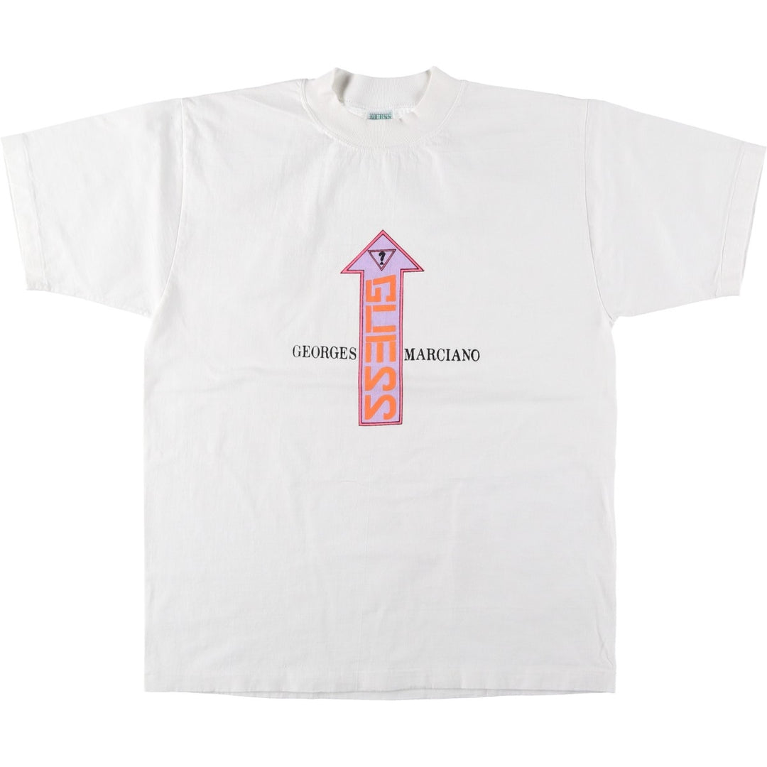 Guess by Georges Marciano short-sleeved printed T-shirt, men's size M equivalent, mock neck. cotton white type Vintage Second Hand
