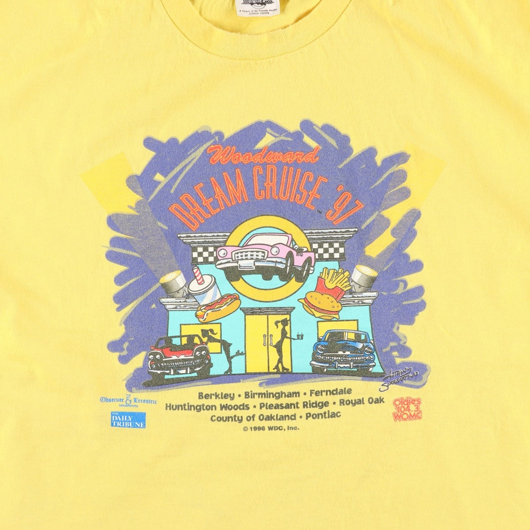 90'S Woodward Dream Cruise '97 Advertising T-Shirt, Made in USA, Men's XXL equivalent, Vintage cotton yellow type Vintage Second Hand