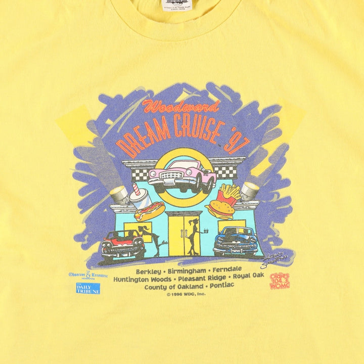 90'S Woodward Dream Cruise '97 Advertising T-Shirt, Made in USA, Men's XXL equivalent, Vintage cotton yellow type Vintage Second Hand