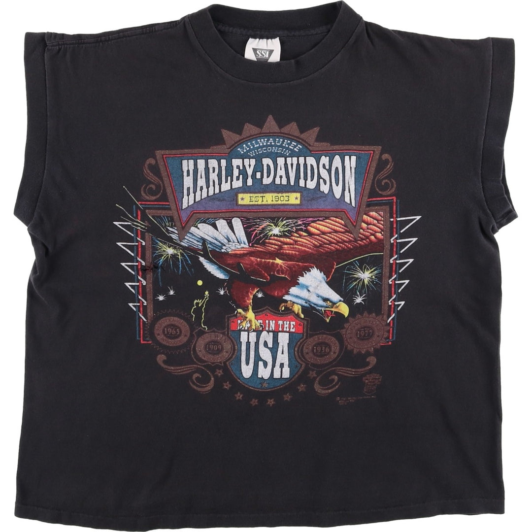 90'S SSI Harley-Davidson Eagle Pattern Sleeveless Motorcycle T-Shirt, Made in USA, Men's Size L (approx.) cotton Charcoal Vintage Second Hand