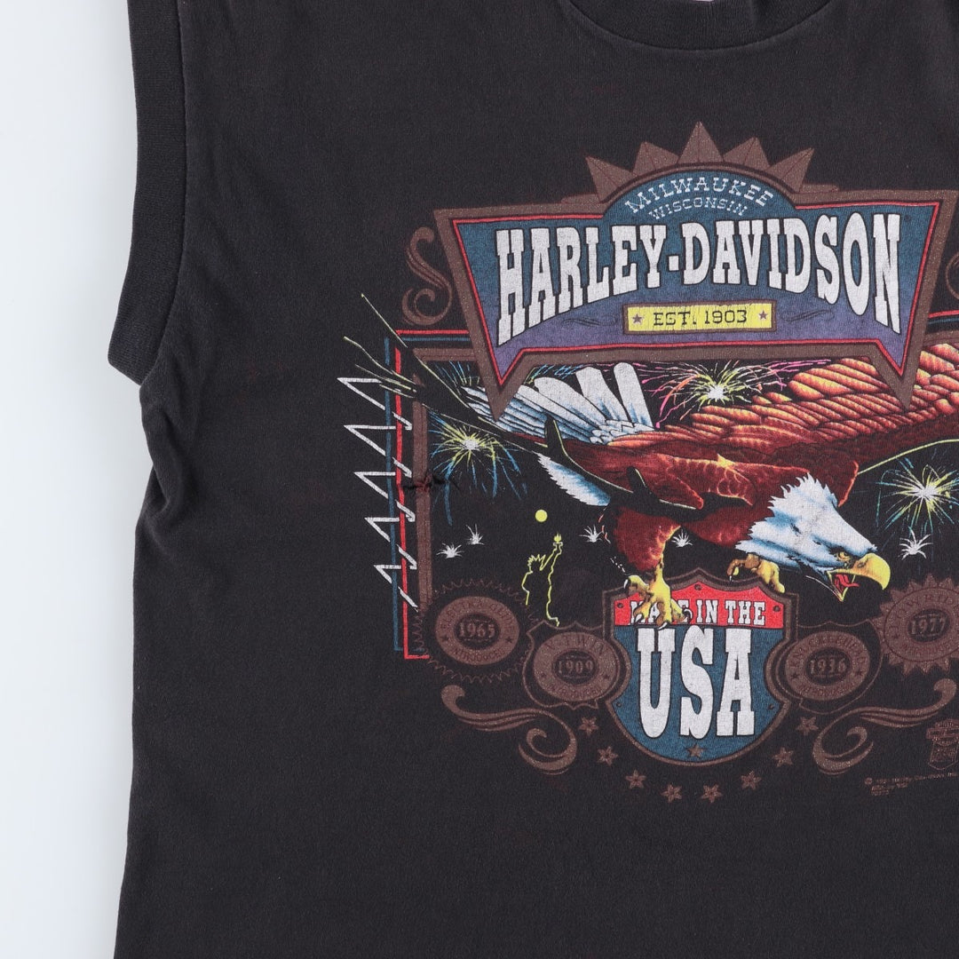 90'S SSI Harley-Davidson Eagle Pattern Sleeveless Motorcycle T-Shirt, Made in USA, Men's Size L (approx.) cotton Charcoal Vintage Second Hand