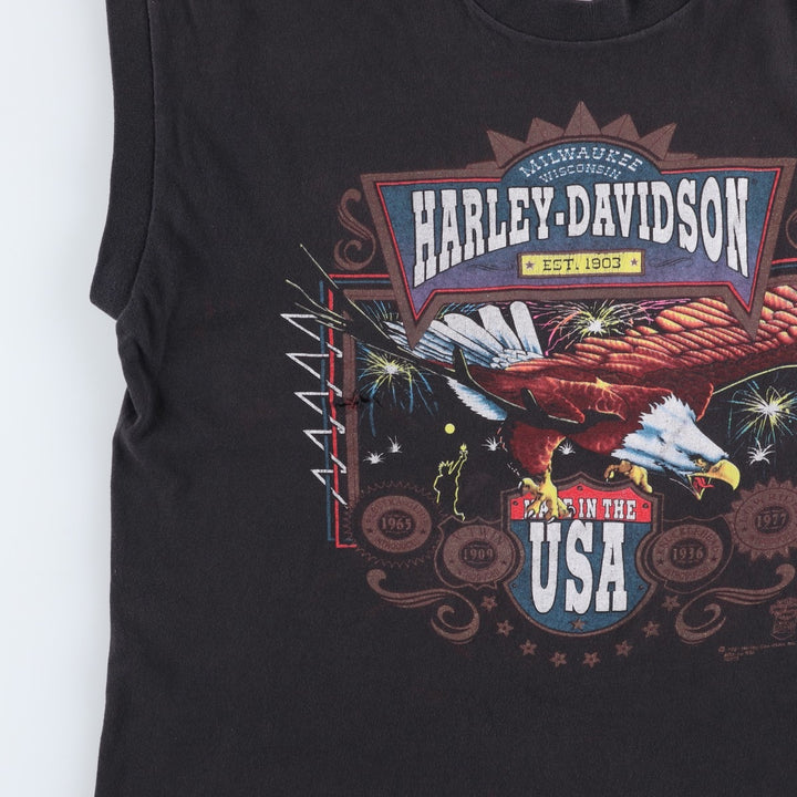 90'S SSI Harley-Davidson Eagle Pattern Sleeveless Motorcycle T-Shirt, Made in USA, Men's Size L (approx.) cotton Charcoal Vintage Second Hand