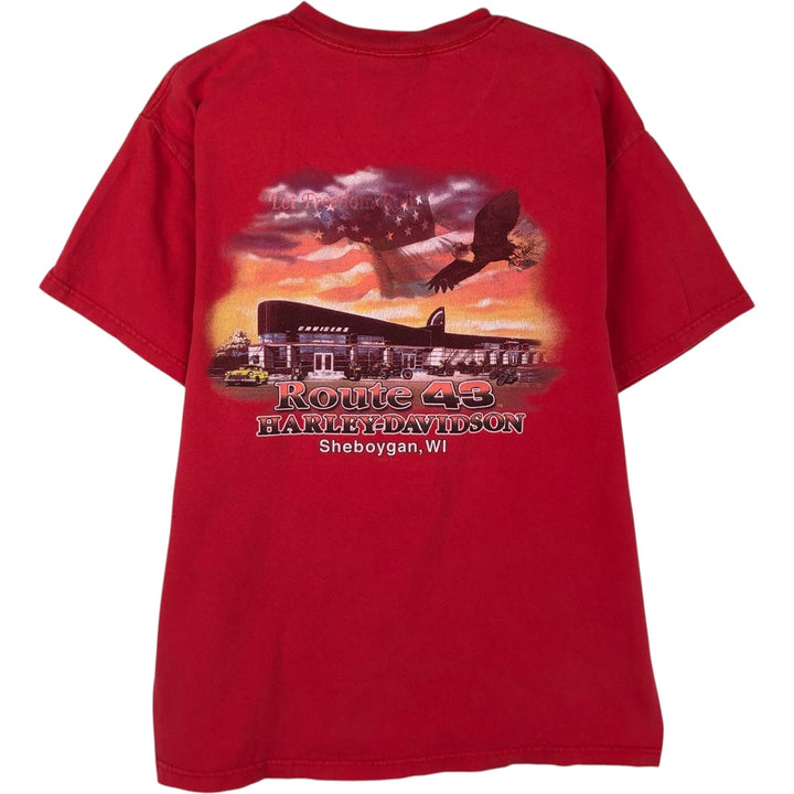 00'S Harley Davidson Eagle Pattern Stars and Stripes Motorcycle Bike T-Shirt Made in USA Men's L size cotton red type Vintage Second Hand