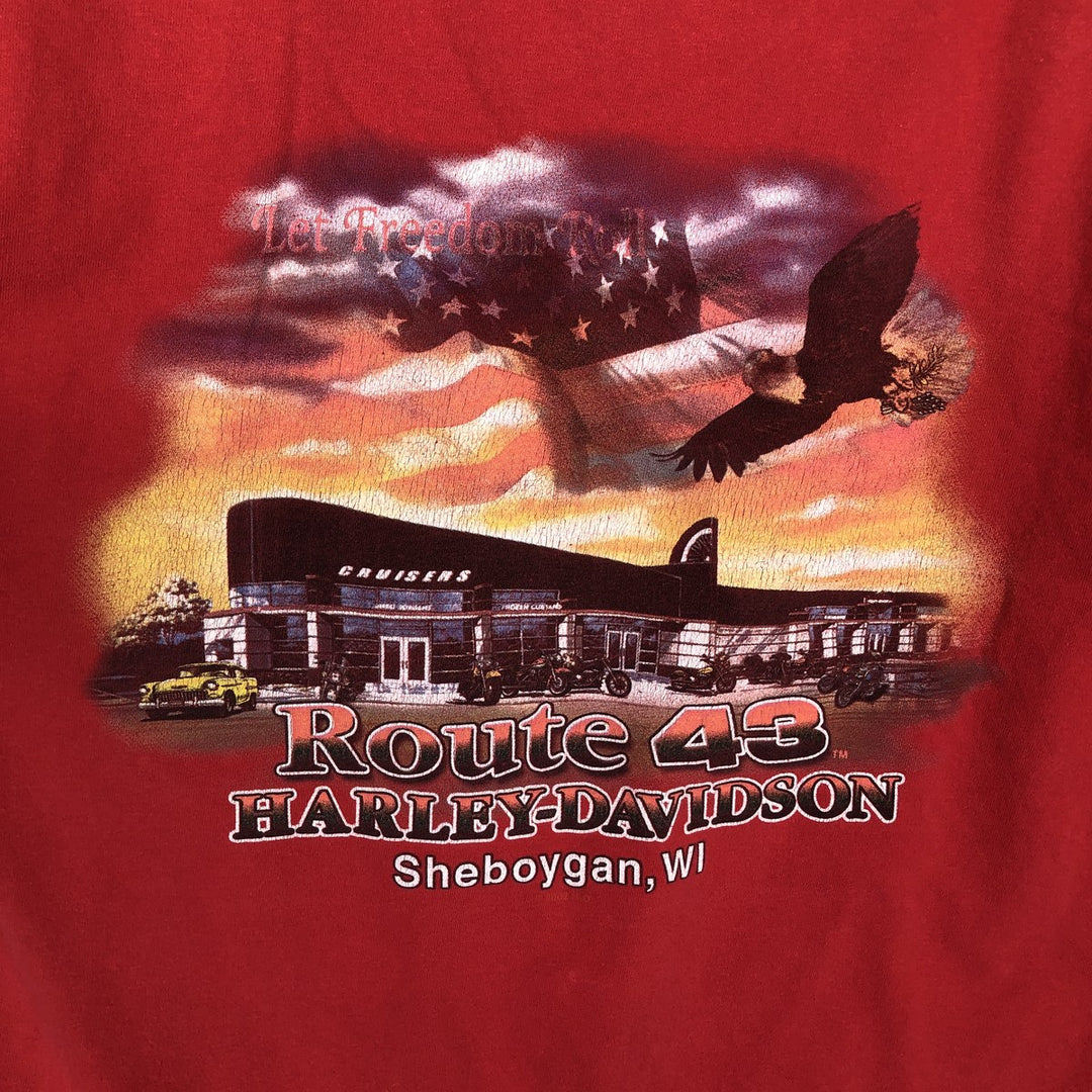 00'S Harley Davidson Eagle Pattern Stars and Stripes Motorcycle Bike T-Shirt Made in USA Men's L size cotton red type Vintage Second Hand