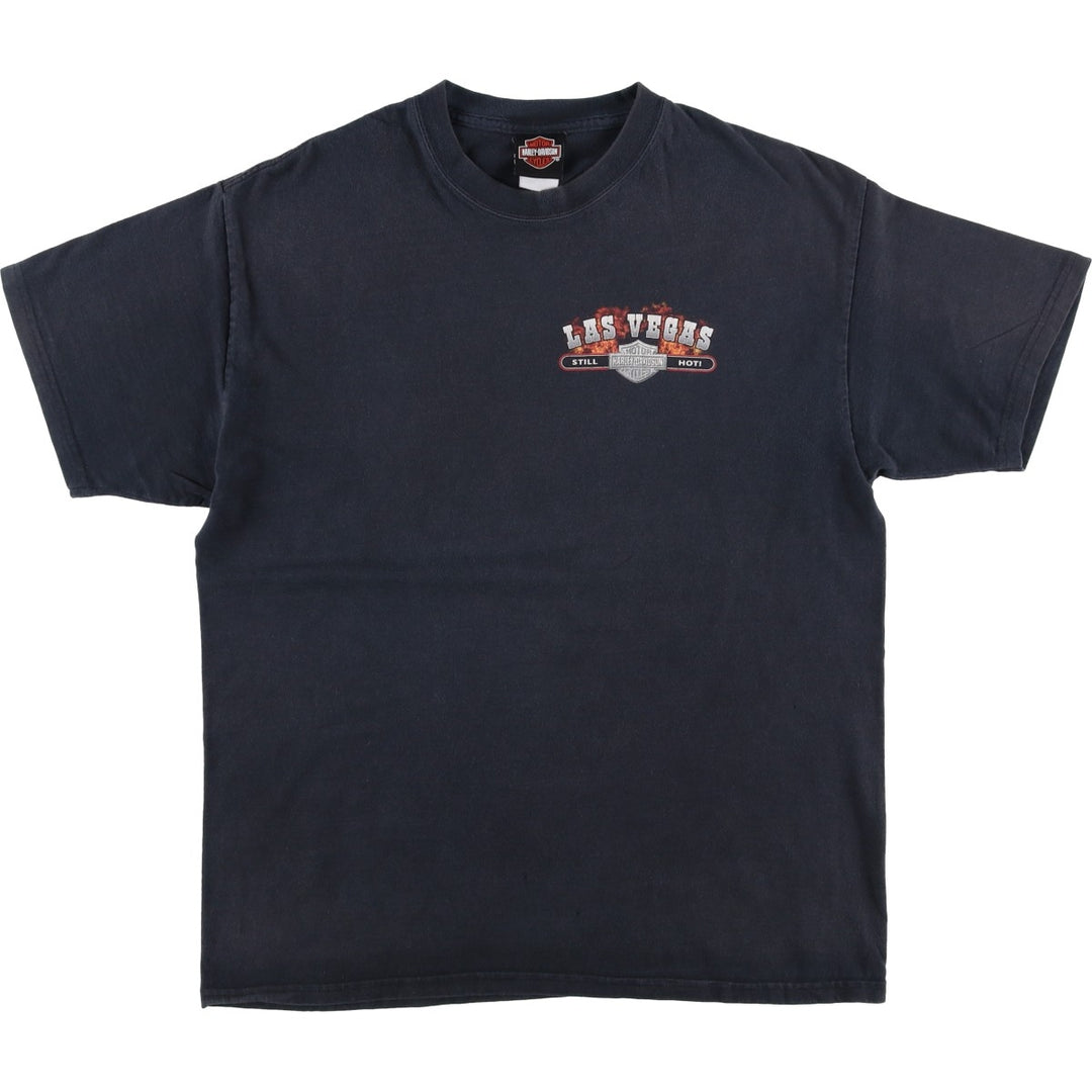 00'S Harley-Davidson Fire Pattern Motorcycle Bike T-Shirt Men's L size cotton black type Vintage Second Hand