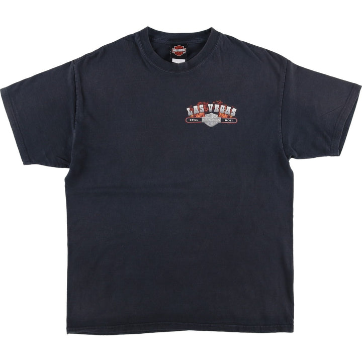 00'S Harley-Davidson Fire Pattern Motorcycle Bike T-Shirt Men's L size cotton black type Vintage Second Hand