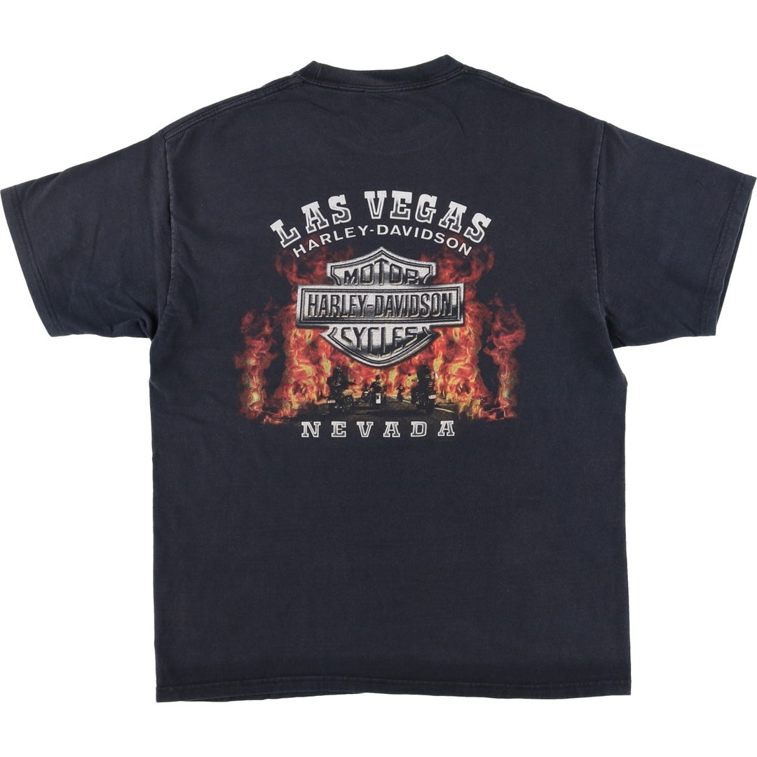 00'S Harley-Davidson Fire Pattern Motorcycle Bike T-Shirt Men's L size cotton black type Vintage Second Hand