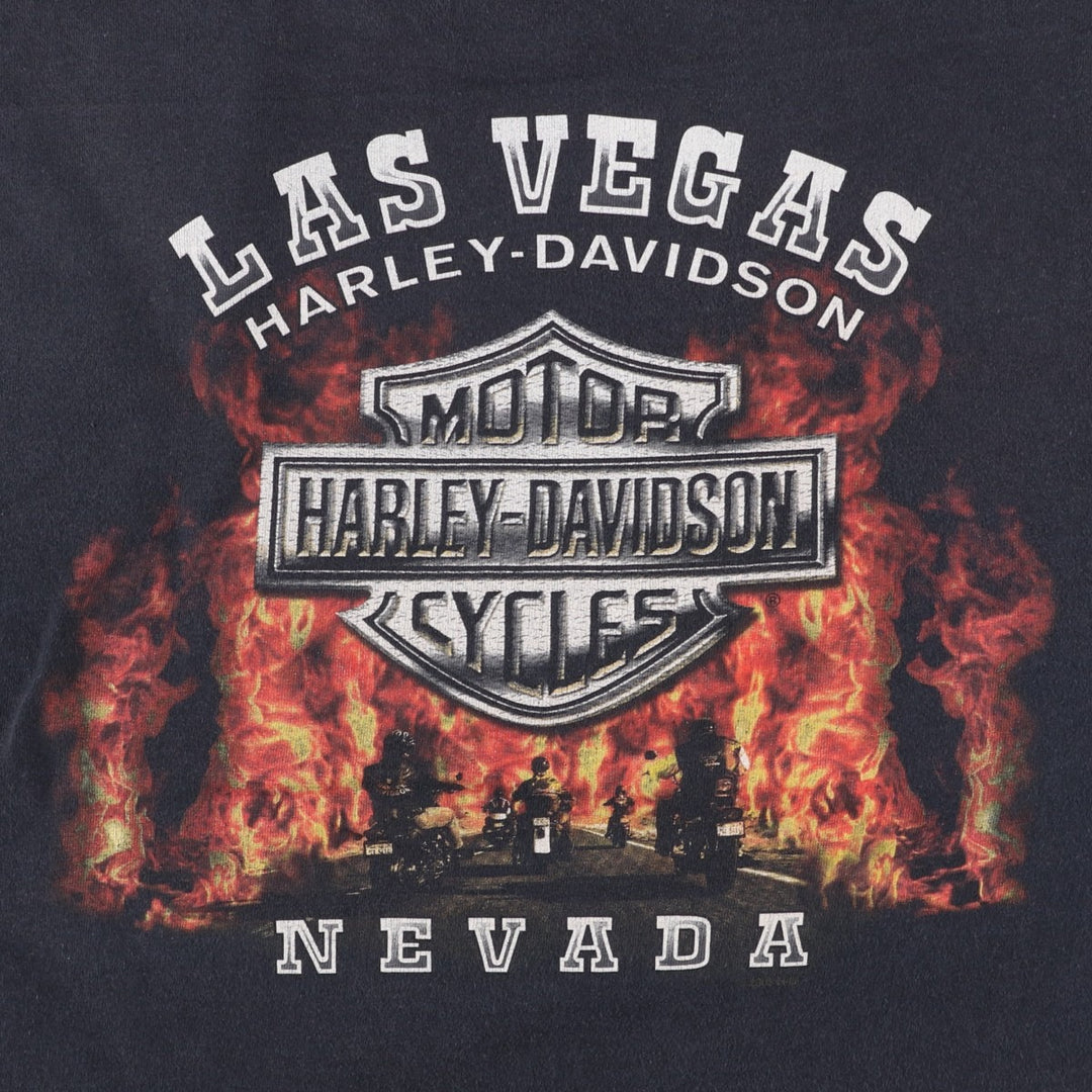 00'S Harley-Davidson Fire Pattern Motorcycle Bike T-Shirt Men's L size cotton black type Vintage Second Hand