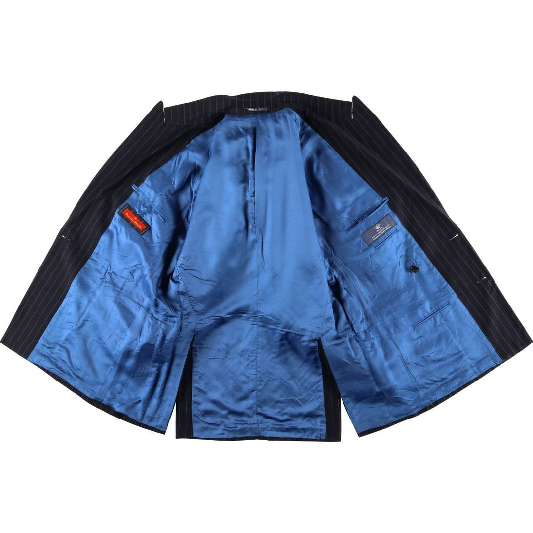 2000'S Austin Reed Stripe Pattern Cashmere Blend Double-Breasted Peaked Lapel Wool Tailored Jacket (Men's Size M) wool navy blue type Vintage Second Hand