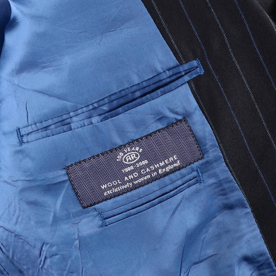 2000'S Austin Reed Stripe Pattern Cashmere Blend Double-Breasted Peaked Lapel Wool Tailored Jacket (Men's Size M) wool navy blue type Vintage Second Hand