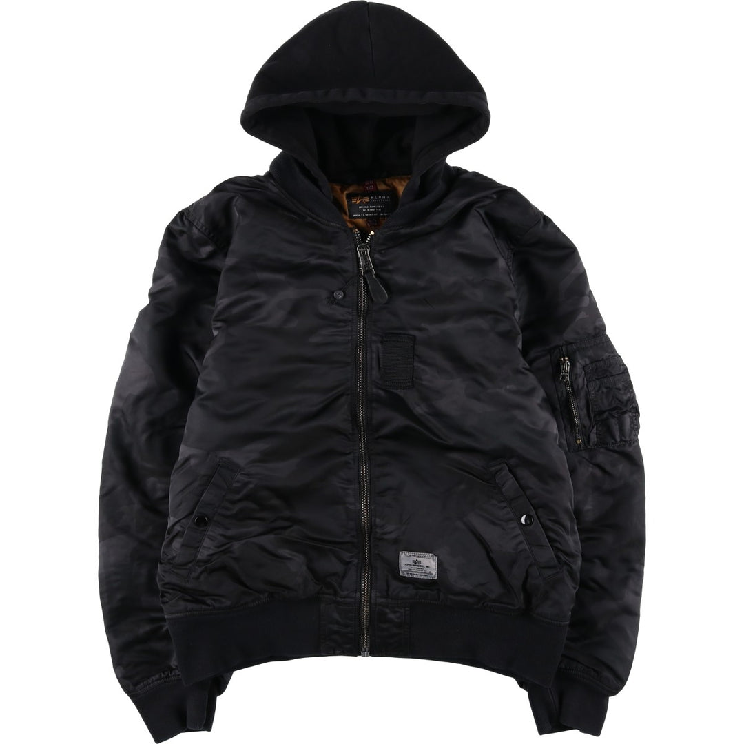 Civilian-made Alpha Industries (ALPHA) camouflage pattern, padded, hooded military flight jacket, men's size XL equivalent. Nylon black type Vintage Second Hand
