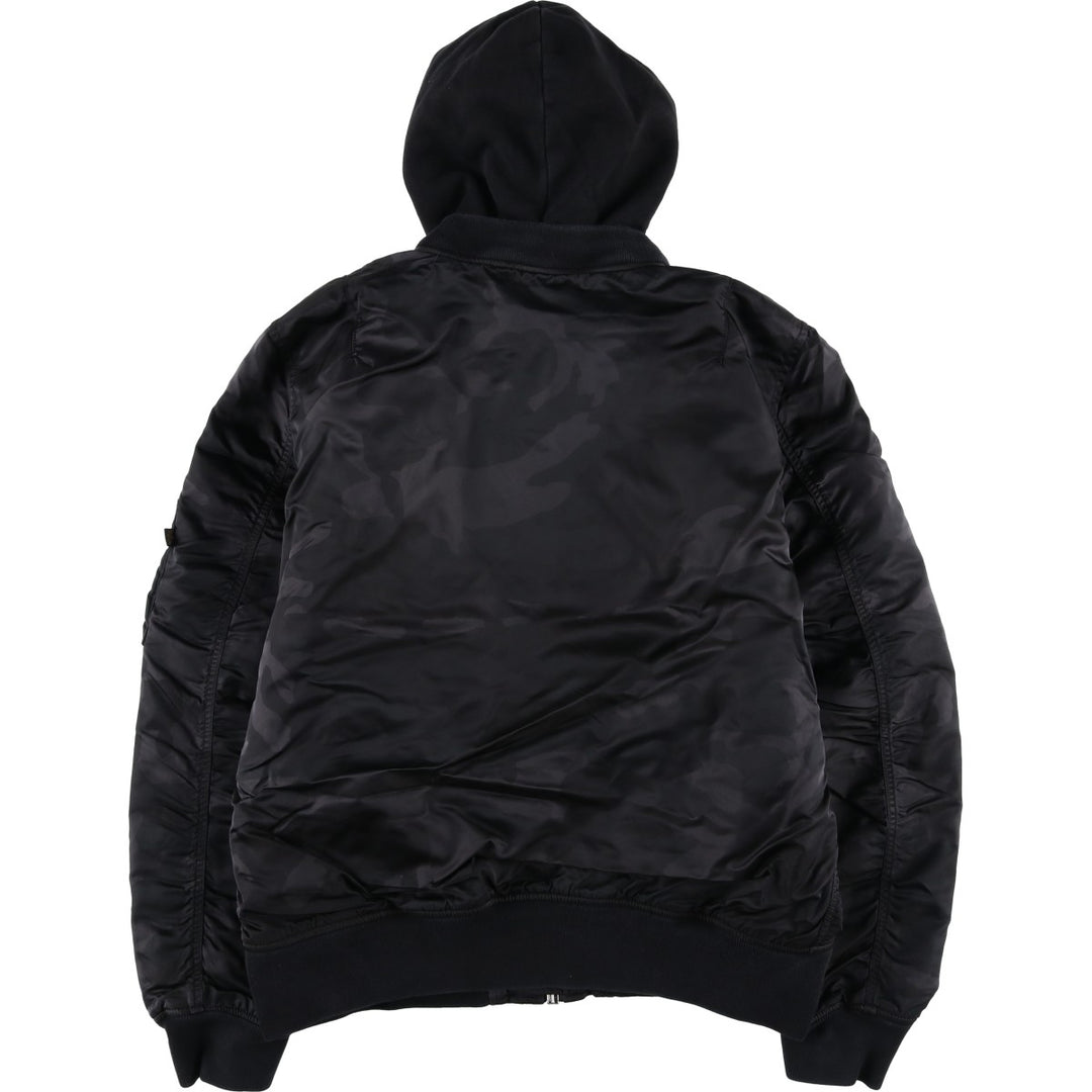 Civilian-made Alpha Industries (ALPHA) camouflage pattern, padded, hooded military flight jacket, men's size XL equivalent. Nylon black type Vintage Second Hand