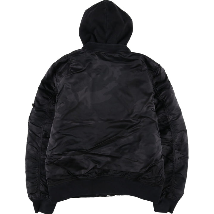 Civilian-made Alpha Industries (ALPHA) camouflage pattern, padded, hooded military flight jacket, men's size XL equivalent. Nylon black type Vintage Second Hand