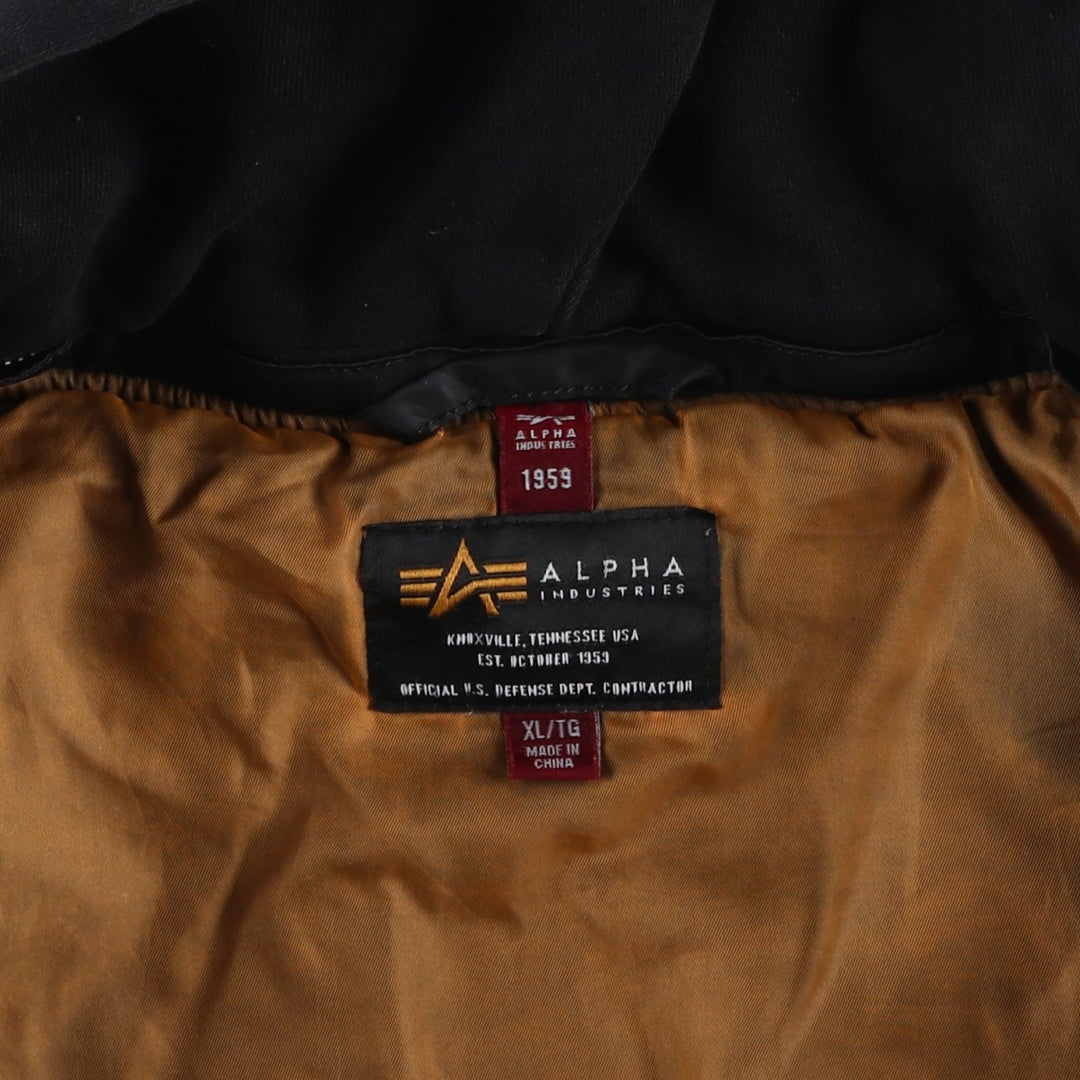 Civilian-made Alpha Industries (ALPHA) camouflage pattern, padded, hooded military flight jacket, men's size XL equivalent. Nylon black type Vintage Second Hand