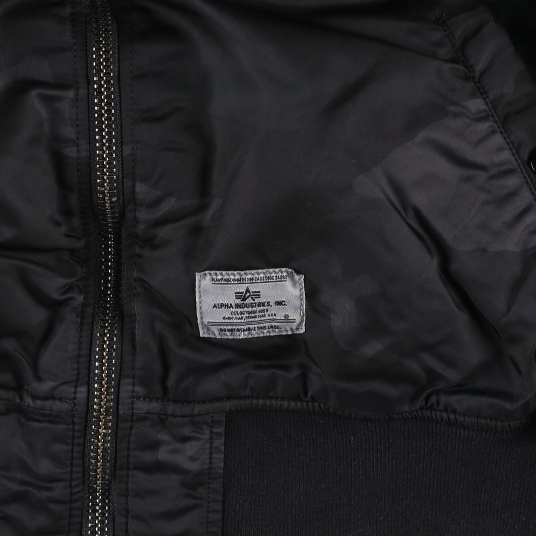 Civilian-made Alpha Industries (ALPHA) camouflage pattern, padded, hooded military flight jacket, men's size XL equivalent. Nylon black type Vintage Second Hand
