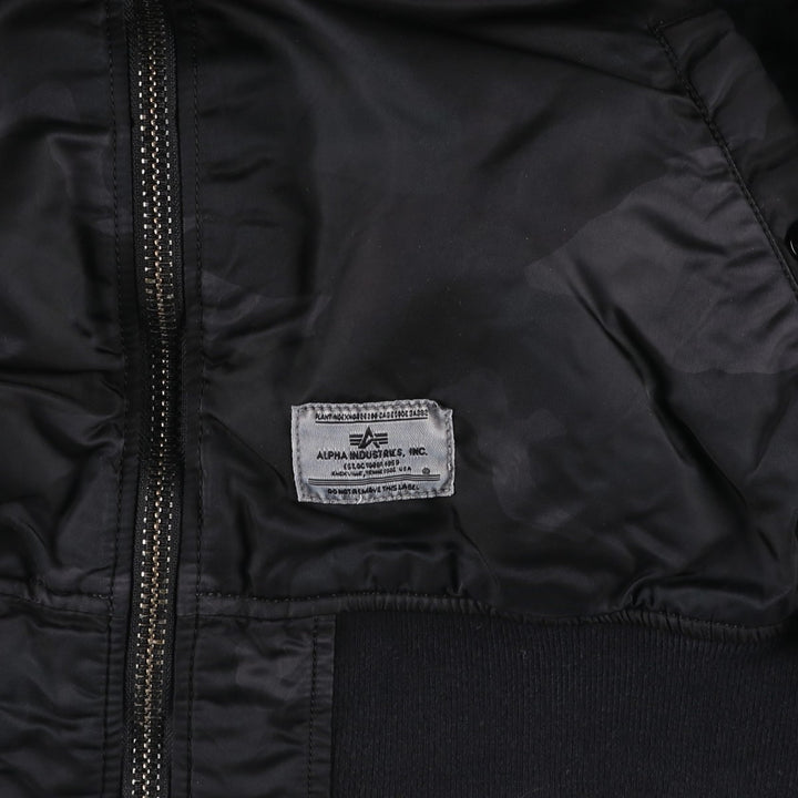 Civilian-made Alpha Industries (ALPHA) camouflage pattern, padded, hooded military flight jacket, men's size XL equivalent. Nylon black type Vintage Second Hand
