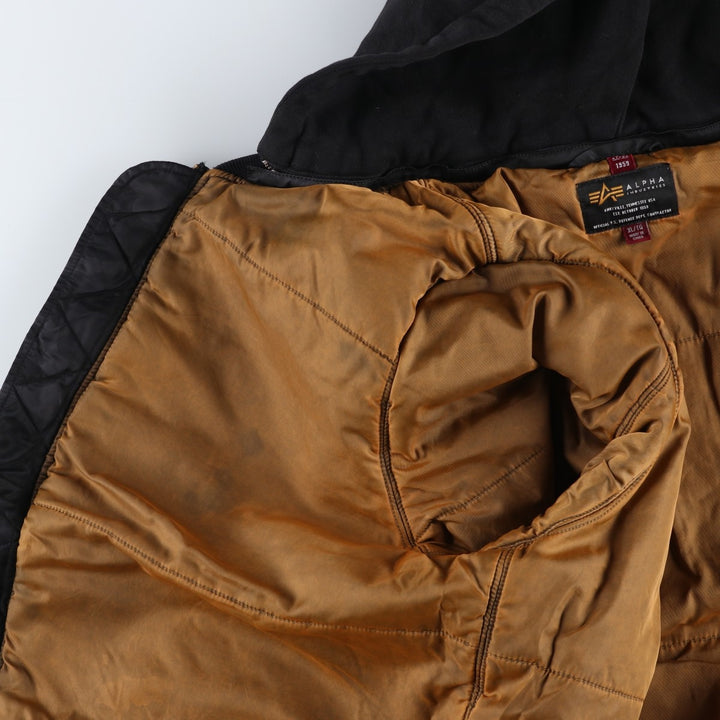 Civilian-made Alpha Industries (ALPHA) camouflage pattern, padded, hooded military flight jacket, men's size XL equivalent. Nylon black type Vintage Second Hand