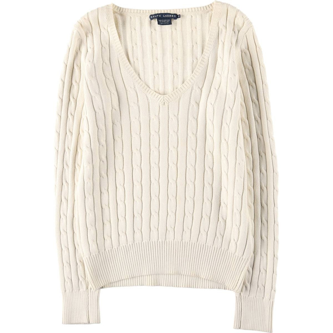 Ralph Lauren cable knit V-neck cotton knit sweater, size M cotton ivory Vintage Second Hand