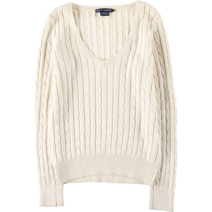 Ralph Lauren cable knit V-neck cotton knit sweater, size M cotton ivory Vintage Second Hand