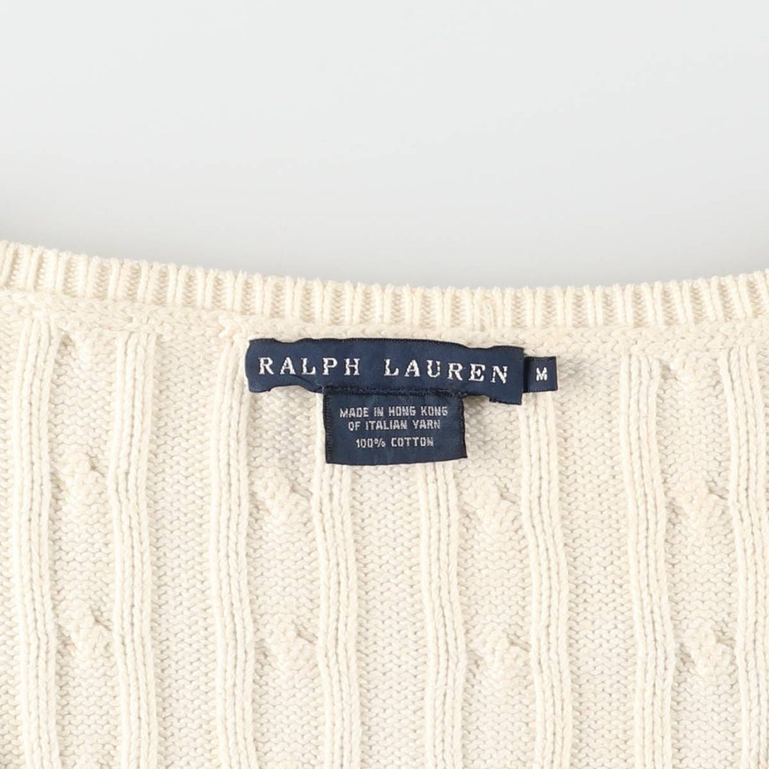 Ralph Lauren cable knit V-neck cotton knit sweater, size M cotton ivory Vintage Second Hand