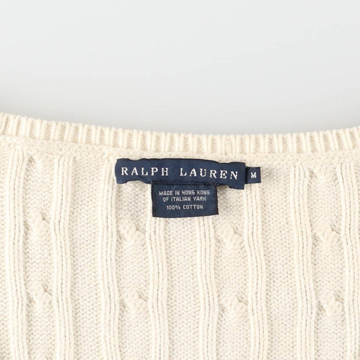 Ralph Lauren cable knit V-neck cotton knit sweater, size M cotton ivory Vintage Second Hand