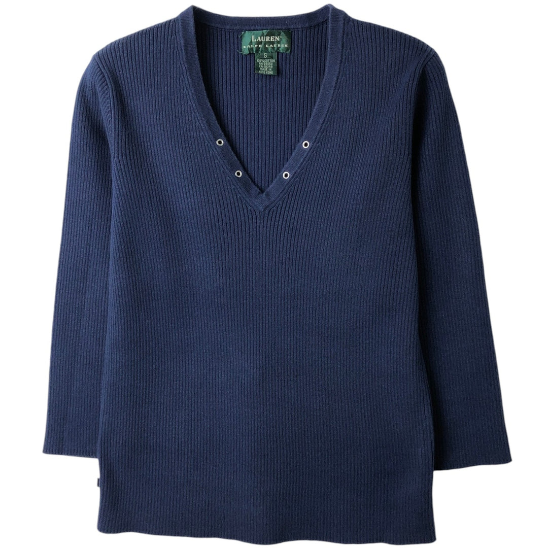 Ralph Lauren LAUREN Ribbed V-neck Cotton Knit Sweater, Women's Size S (approx.) cotton blue type Vintage Second Hand