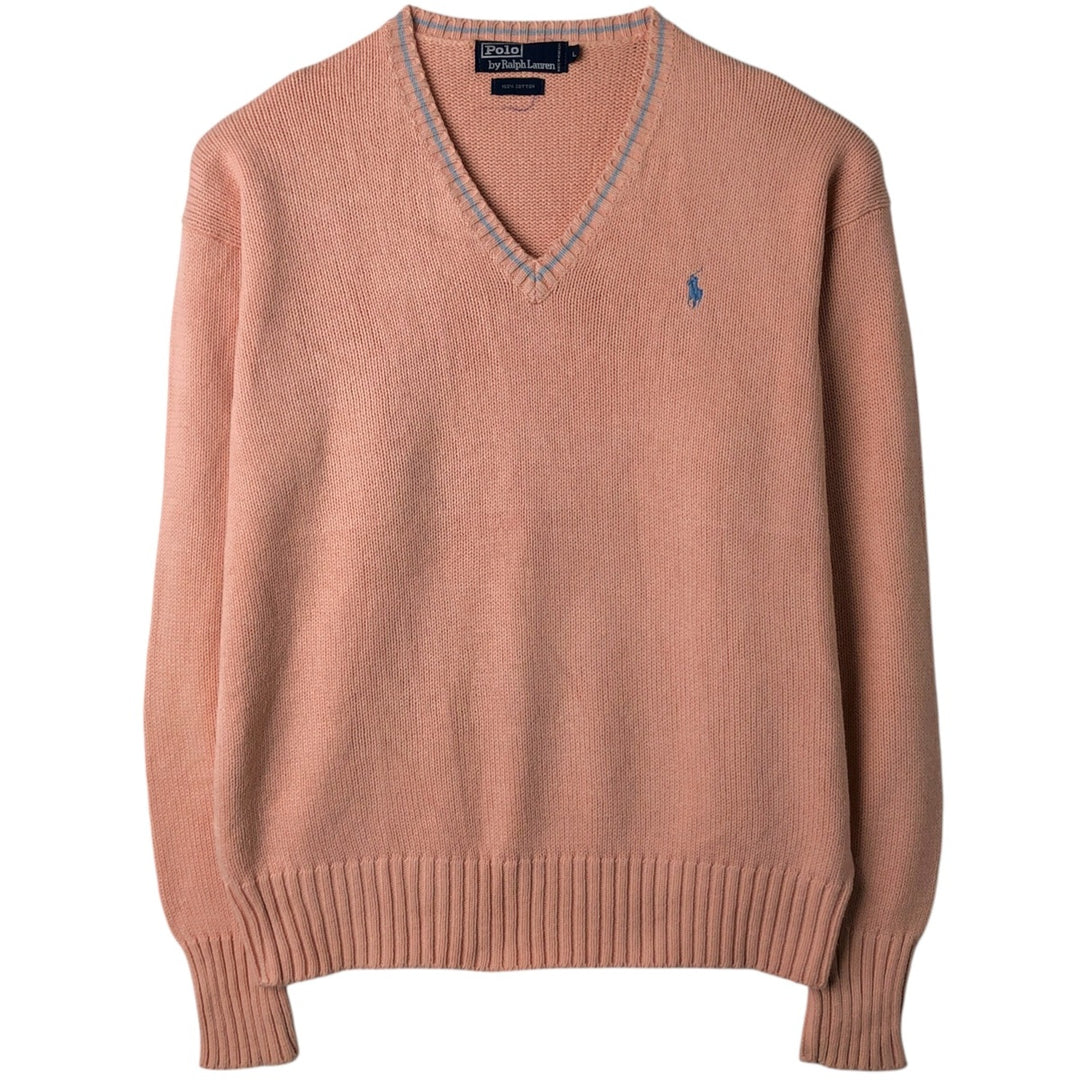 Ralph Lauren POLO by Ralph Lauren V-neck cotton knit sweater, men's size L cotton coral Vintage Second Hand