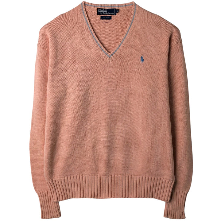 Ralph Lauren POLO by Ralph Lauren V-neck cotton knit sweater, men's size L cotton coral Vintage Second Hand