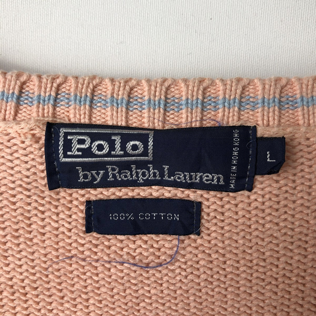 Ralph Lauren POLO by Ralph Lauren V-neck cotton knit sweater, men's size L cotton coral Vintage Second Hand