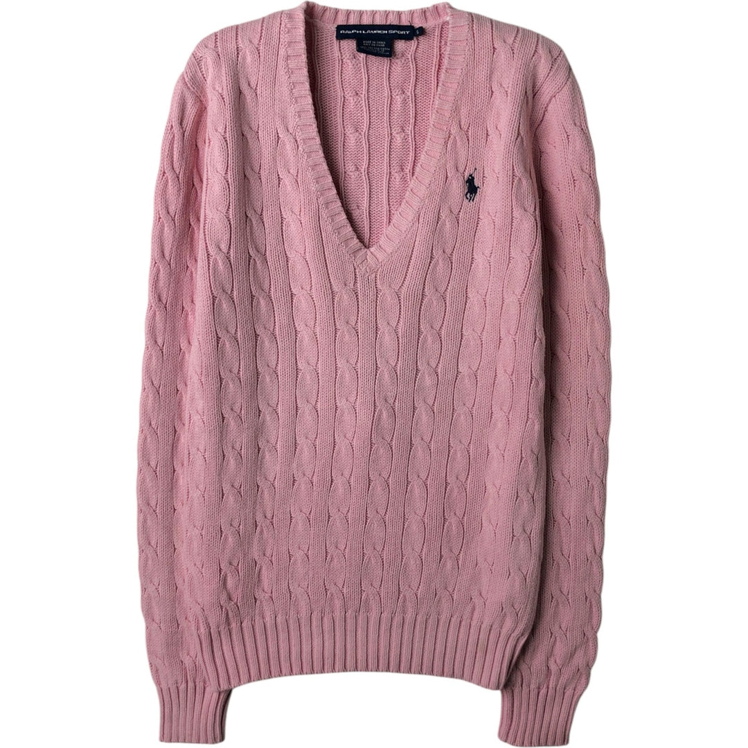 Ralph Lauren RALPH LAUREN SPORT Cable Knit V-Neck Cotton Knit Sweater, Women's Size Small cotton pink type Vintage Second Hand
